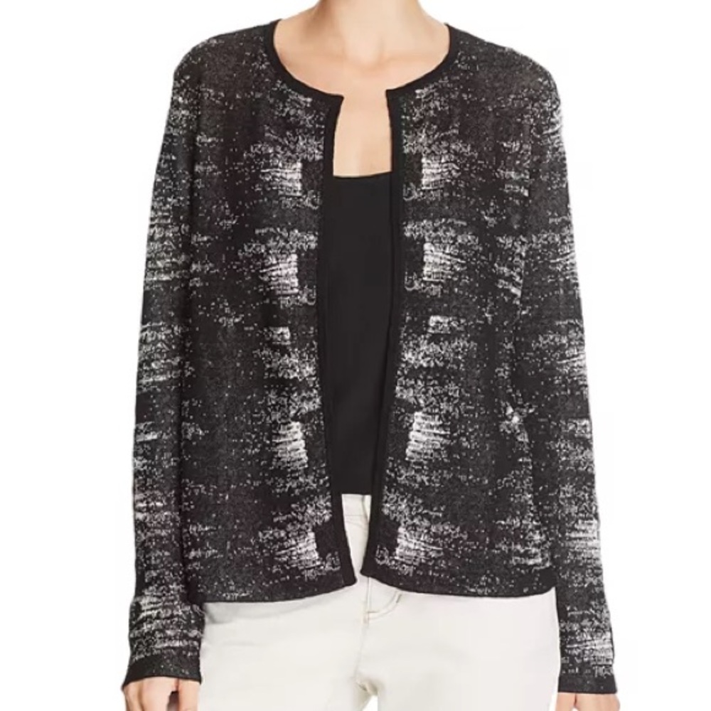 Eileen Fisher textured black and white round neck open cardigan
